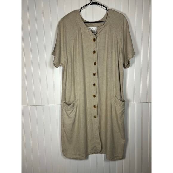 Betsy Lauren VTG Linen Rayon Tan button up Knee Length Dress Women Size 18 - Picture 10 of 10